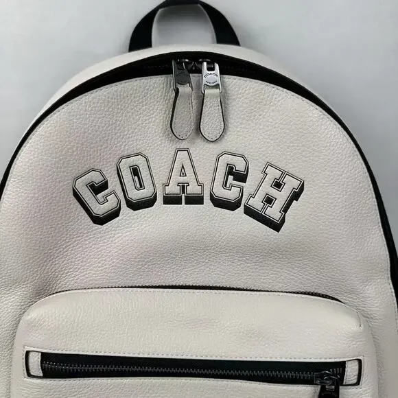 Coach West Backpack With Varsity Motif CAK14 In Leather Gunmetal/Chalk NWT